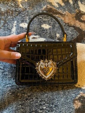 Dolce & Gabbana Black Patent Croc Mini Top-Handle with Gold Heart Emblem